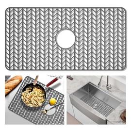 GUUKIN Sink Protectors for Kitchen Mat - 29.7“x15.5” Silicone Kitchen Sink Mat Grid for Bottom of Farmhouse Stainless Steel Porcelain with Center Drain（Grey）
