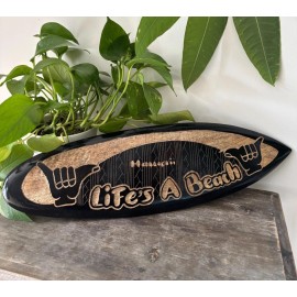 Handmade Hawaiian Hand Made 20" Carved Wooden Surfboard Engraved Life's A Beach Shaka