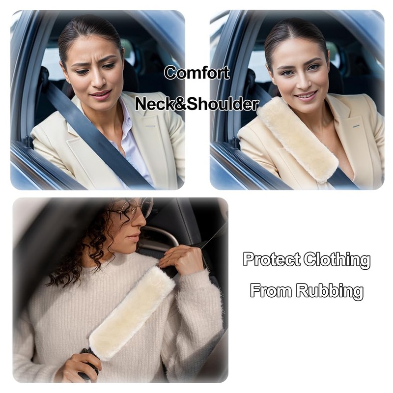 AOGELAN Fluffy Fuzzy Genuine Sheepskin Car Seat Belt Covers for