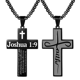Aroncent Stainless Steel Cross Necklace: Joshua 1:9 Bible Verse Be Strong and Courageous Black Christian Faith Pendant - Adjustable Religious Easter Gift