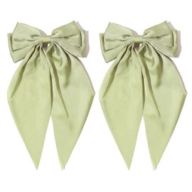 Furling Pompoms Hair Bows for Women - Pack of 2 Light Green Hair Bow Clips for Girls Satin Big Bows Long Tail Alligator Clip Ribbon Hair Barrette Hair Accessories for Bridal Bachelorette Party