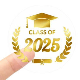 G2PLUS Graduation Stickers, 120PCS Class of 2025 Stickers, 1.6in Gold Foil Graduation Cap Sticker, Transparent Envelope Seal Sticker for Congrats Grad Invitation and Grad Party Favors