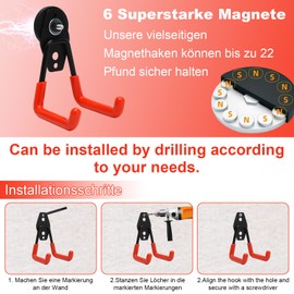 LOMUG Wandhaken Garage Magnethaken Extra Stark, Magnet Haken mit Doppelhaken, Starke Magnete Wall Hooks Heavy Duty für Garten, Schuppen, Werkzeugraum (2, 4.3mm-Orange)