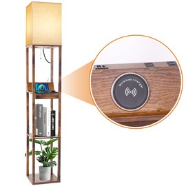 RUNTOP Floor Lamp with Shelves, Shelf Floor Lamp with Wireless Charger & 2 Charging USB Ports & Drawer, AC Outlet, 3 Color Temperature Tall Standing Lamp with Bulb for Living Room, Bedroom, Office