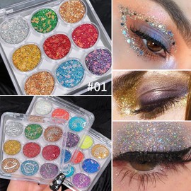 KYDA 9 Colour Glitter Eyeshadow Palette, Sparkle Shimmer Eye Sequin Makeup Palettes, Highly Pigmented Holographic Chunky Glitter Makeup Eyeshadow Sequin for Stage Festival Party 01