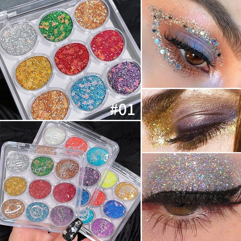 KYDA 9 Colour Glitter Eyeshadow Palette, Sparkle Shimmer Eye Sequin