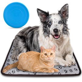 OzzyCozy Waterproof Pet Heated Mat for Cats and Dogs, Remote Controlled Heating Pad with Indicator, Bite-Resistant Cable - Gray Footmark Design, 45x45cm, （Free Bonus: Pet Frisbee Toy）