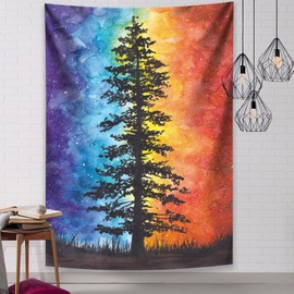 Purple Tree Forest Tapestry Colorful Red Watercolor Galaxy Night Wall Hanging Nature Scenery Small Cute Long Tapestry Aesthetic Starry Vertical Bedroom Window Backdrop Wall Art Decoration 28×40 inch