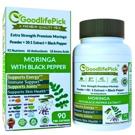GoodlifePick Premium Moringa Capsules with Black Pepper. Moringa Oleifera Powder & 50:1 Moringa Extract for Maximum Benefits 90ct All Natural NonGMO No Rice Powder No Stearate No Silicon Vegan