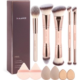 MAANGE 12Pcs Brochas Maquillaje, 5 Brochas de Maquillaje Premium de Doble Punta y 6 Esponjas para Pulir Líquidos, Cremas, Polvos, Difuminar y Contornear el Rostro(Almendra)