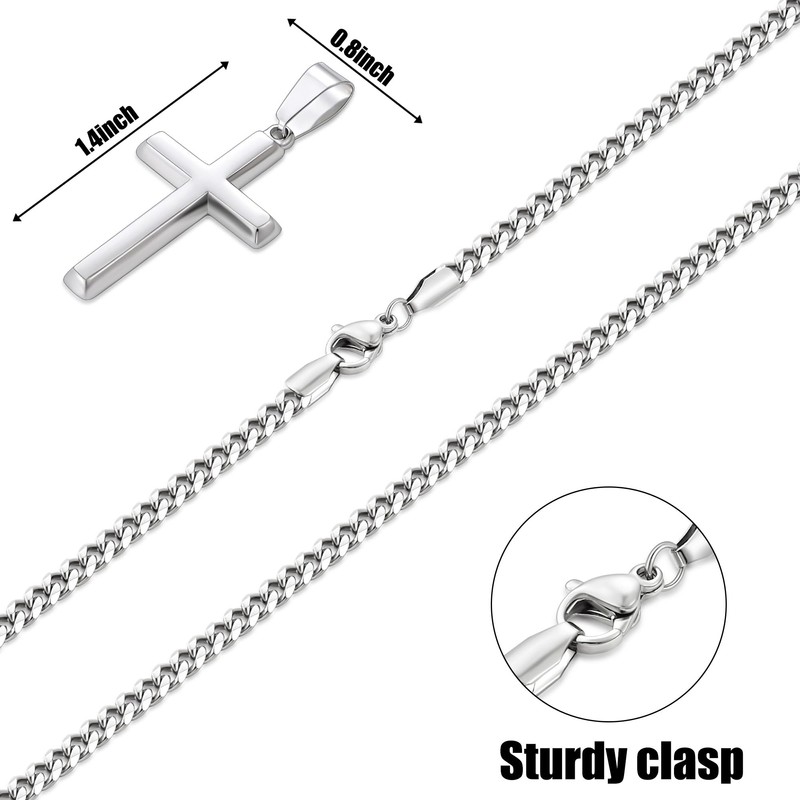 Fiusem Silver Tone Cross Necklace for Men, Beveled Edge Trapezoid