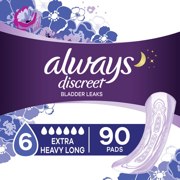 Always Discreet Incontinence & Postpartum Incontinence Pads for Women, 90 Count, Extra Heavy Long (45 Count, Pack of 2 - 90 Count Total)