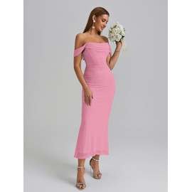 KUTUMAI Off The Shoulder Maxi Long Dress Corset Ruched Bodycon Formal Wedding Guest Dresses for Women Pink M