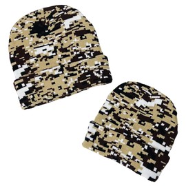 New! Super Soft Adult & Child Camo Print Winter Knit Beanie Set (Tan Digital Camo)