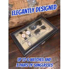 CircleCrystal Leather Watch & Sunglass Organizer Box, Watch Case Eyeglass Holder - 6 Slot Watch Display Case & 3 Compartment Eyeglass Case Elegant Champagne Velvet Interior Transparent Glass Top