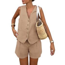 PRETTYGARDEN Two Piece Outfits for Women Summer Button Up V Neck Vest Waistcoat and Pockets Shorts Chic Casual Matching Sets (Khaki,Small)