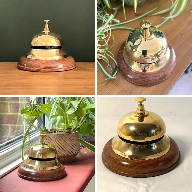 Elegant Brass Reception Desk Bell with Wooden Base – Ideal