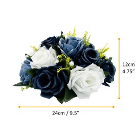 QUTUNI 10Pcs Fake Flower Ball Arrangement Bouquet, 9.5" 15 Heads Plastic Roses with Base,Suitable for Parties Valentine's Day Wedding Centerpiece Flower Rack and Home Décor (Dusty Blue & White)