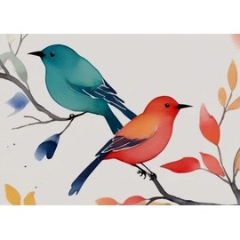 ACEO *PRINT* Mini Miniature Tiny Art Watercolor Blue & Red Song Birds by Saulite