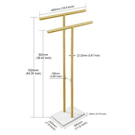 40 Inch Standing Towel Rack for Bathroom Floor Double-T Shape Bath Towel Sheet Holder with Marble Design Base Towel Rack Standing Next to Tub or Shower Towel Holder Stand SUS304 Brushed Gold