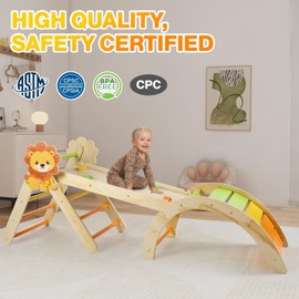 Yopnoyik Pikler Triangle Set with Cushion, 7 in 1 Toddler Climbing Toys Indoor, Montessori Foldable Climbing Set, Wooden Climbing Toys for Toddlers 1-3 Inside with Ramp, Arch and Ladder (Lion)