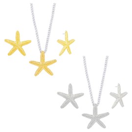 SUPERFINDINGS 6Pcs Starfish Necklace Earring 2 Colors Summer Beach Large Starfish Earrings Big Starfish Choker Necklace Rope Pendant Necklace Earrings Set Boho Stud Star Earrings for Women Ladies