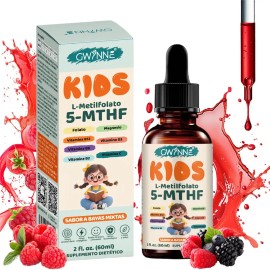 GWYNNE Kids L-Metilfolato 5-MTHF Gotas Líquidas 60ml,Fórmula Doble Folato con Vitamina C,B12, B6, D3 y Magnesio, Apoyo Cerebral Diario, Energía, Estad