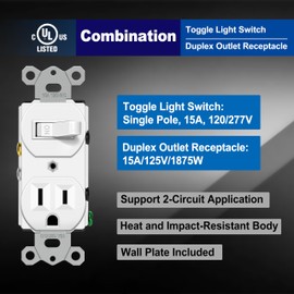 BESTTEN 2 Pack Combination Toggle Light Switch and Duplex Receptacle Outlet, Single Pole Toggle Wall Switch, Grounded Outlet, Combo Style, 15 Amp, Wallplate Included, UL Listed, White