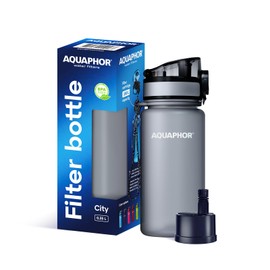 AQUAPHOR City Filter Bottle 350 ml Grey I Bottle with Water Filter for On the Go I Filter with Activated Carbon I Filters Chlorine I Made of Tritan & BPA Free I For Better Taste & Odour of Water