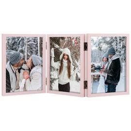 Frametory, Triple 5x7 Hinged Picture Frame in Pink - Stand on Desktop or Tabletop - Definition Glass - Classic Display for Photos and Memories
