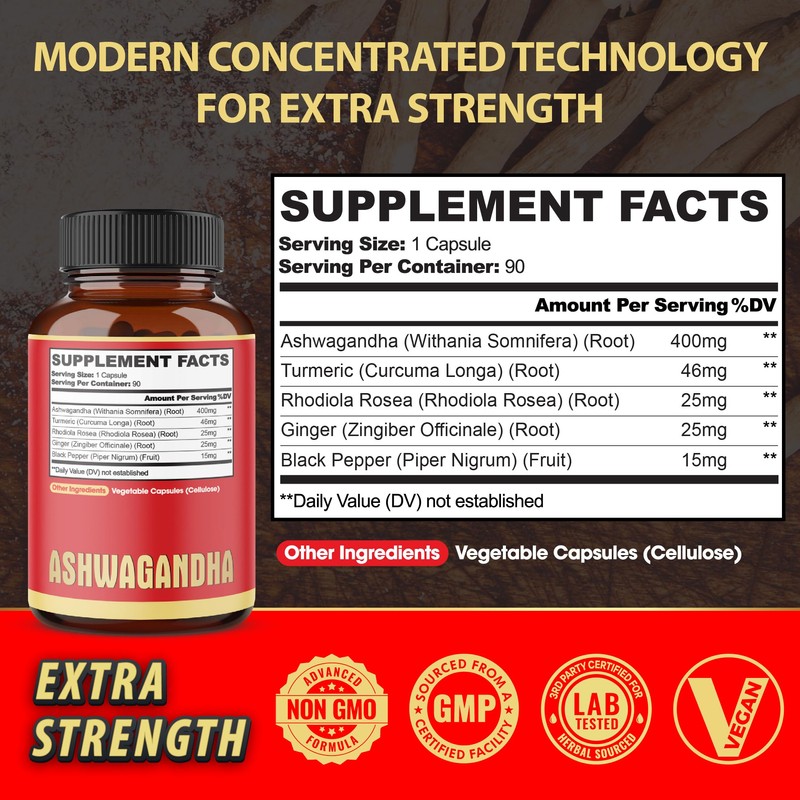90 Capsules - Ashwagandha Supplement Capsules - Ginger Root, Turmeric,