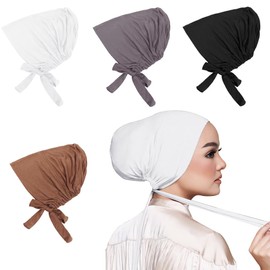 4 Pcs Women Hijab Undercap Adjustable Islamic Muslim Scarf Caps Solid Color Underscarf Hijab Cap Cotton Elastic Cap Turban Head Wraps Chemo Sleep Cap Hijab Cap with Tie Back Closure