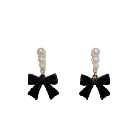 Elegant Velvet Pearl Earring Dainty Bowknot Bow Earrings with Pearls Wedding Earrings for Brides Birthday Christmas Gifts for Women - Black