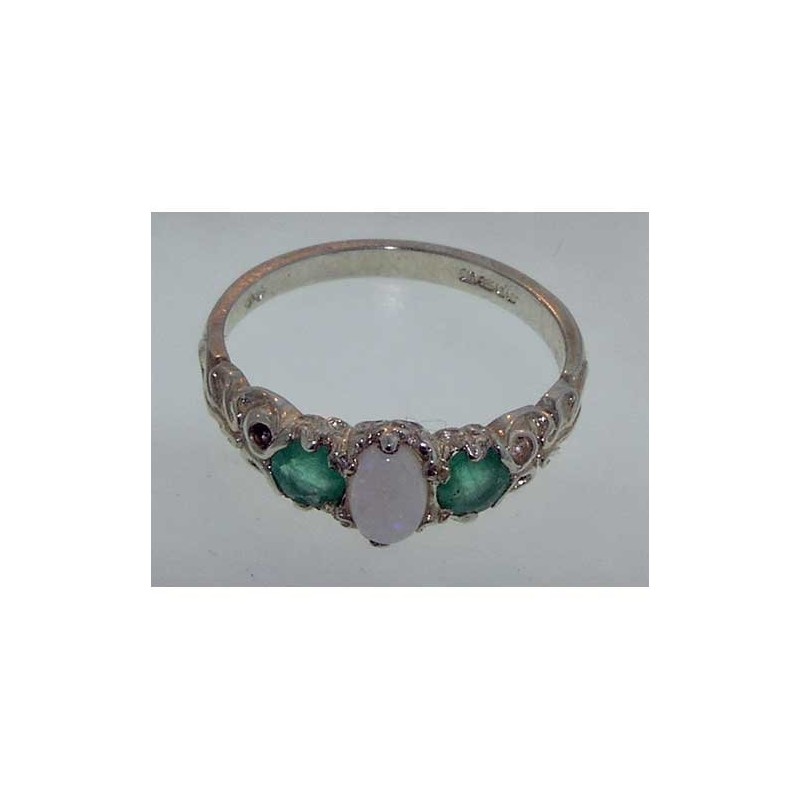 925 Sterling Silver Real Genuine Opal and Emerald Womens Band