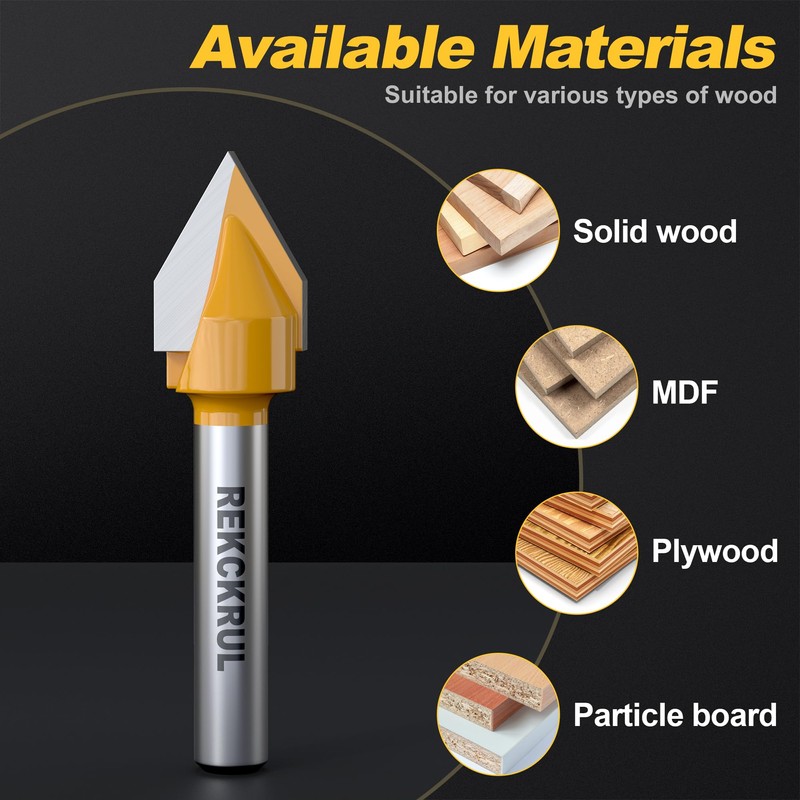 REKCKRUL 60-Degree V Groove Router Bit, 1/4" Shank, 1/2" Cutting