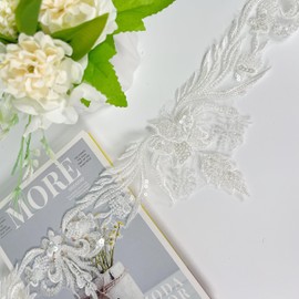Borde de encaje bordado de 2 yardas con lentejuelas y abalorio, cinta de encaje floral para vestidos de boda, vestidos, tocados, manualidades de costura (patrón A)