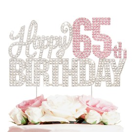 Nelbiirth Decoración para tartas con diamantes de imitación plateados y rosados de feliz 65 años, diseño de «Cheers to 65th Birthday» de metal brillante para decoración de tartas.