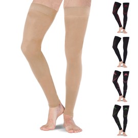 Mojo Compression Stockings For Women Men Circulation Leg 20-30mmHg - Thigh-Hi Leg Sleeve With Grip Top - Firm Graduated Support - Beige Small, A609BE1