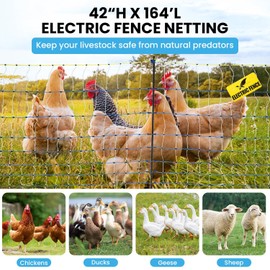 Electric Poultry Netting, 42" H x 164'L Electric Anti-Predator Poultry Fence, PE Net Fencing Kit with 14 Posts Double Spiked, Movable Livestock Nets for Chickens, Ducks, Geese, Sheep and Other Poultry