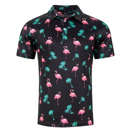 uideazone Mens Black Polo Shirts Flamingo Print Funny Golf Tennis Casual Shirts Performance Dry Fit Short Sleeve