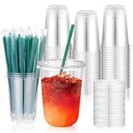50 Sets 16 oz Plastic Cups with Lids and Straws, Clear Disposable Iced Coffee Cups for Cold Drinks Juice Milkshakes Smoothies, Plastic to Go Drinking Cup for Party Coffee Bars Picnic