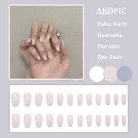 AKOFIC 24Pcs False Nails, Acrylic French Press on Nails Designs, Ballerina Diamond Glossy Stick on Nails, Fake Nails with Jelly Glue for Women Nail Art Manicure Decoration