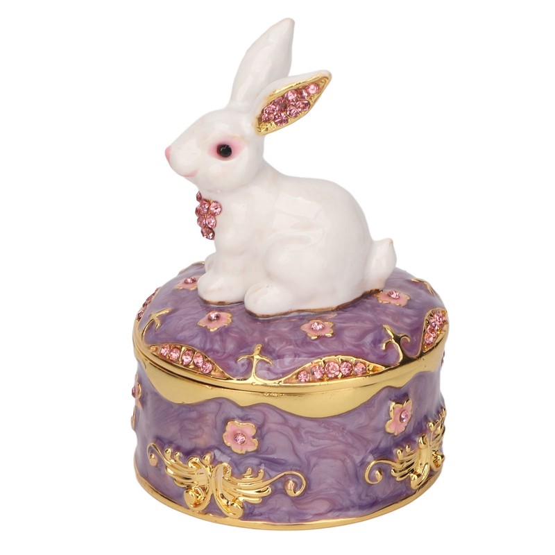 Rabbit Trinket Box Vintage Metal Enamel Antique Floral Engraving Pattern