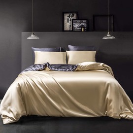 YASMENG Satin Bed Linen 155 x 220 cm Beige Dark Grey Reversible Silk Bed Linen 3-Piece Smooth Shiny Silky Soft Bed Linen Satin with Zip and 2 Pillowcases 80 x 80 cm