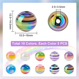 PH PandaHall 50pcs 16mm Striped Resin Beads AB Color Round Beads Candy Color Lined Ball Bubblegum Beads Gumball Beads for Pen Making Jewelry Bracelet Necklace Bag Chain Making Crafts Supplies