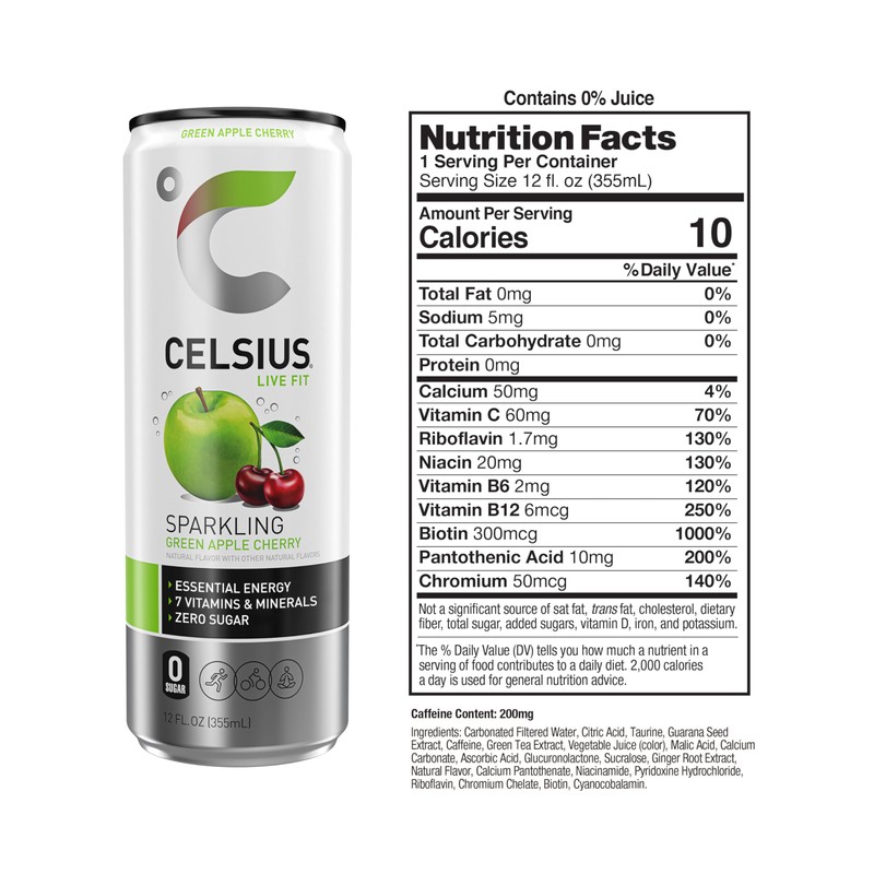 CELSIUS Sparkling Green Apple Cherry, Functional Essential Energy Drink, 12