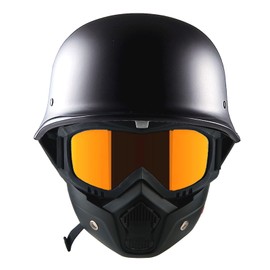 1Storm Novelty Motorcycle Half Face Helmet German Style DOT Approved: HKY602 Matt Black + Black Golden Goggle Bundle