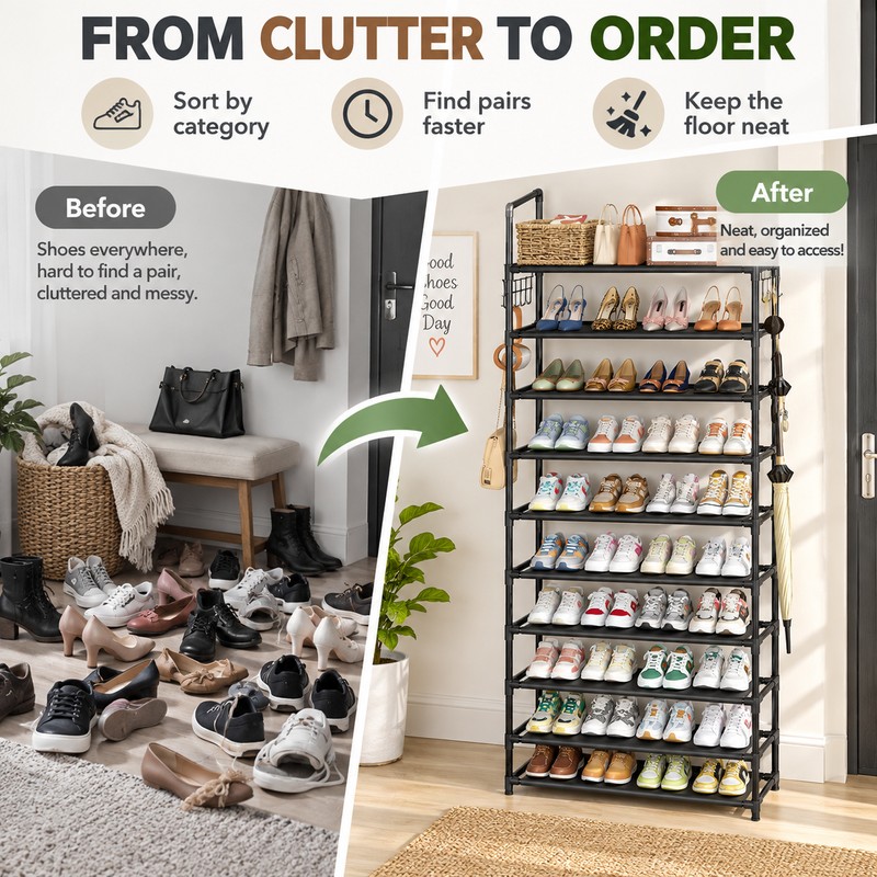 10-Tier Tall Shoe Rack for Entryway & Closet – Large-Capacity