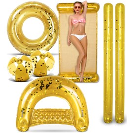POZA Inflatable Gold Full House Bundle - Premium Luxurious Sparkle Confetti 36" Pool Float Tube, 16" Beach Balls, 74" Pool Noodles, 48" Pool Chair, and 56" Water Hammock - 7 Pieces Pack