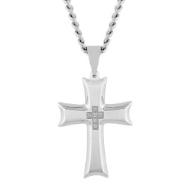 Men's Stainless Steel Flared Cross Pendant with Brushed Finish on 24" Twisted Curb Chain Necklace